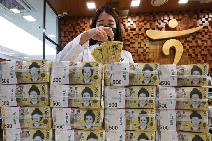 A bank employee counting a fan of 50,000 won notes behind stacked bundles of cash