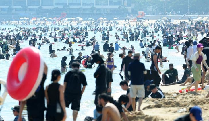 Crowds of beachgoers pack Haeundae Beach in Busan on a summer day.