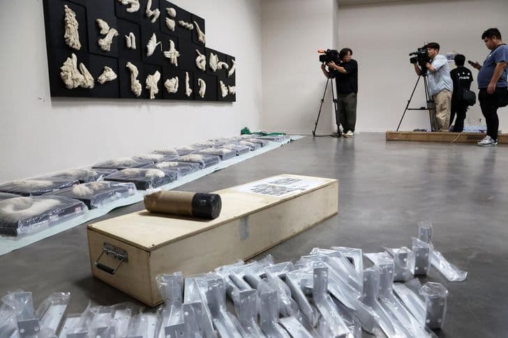 Wrapped artworks and a wooden crate sit on a gallery floor as camera crews film in the background.