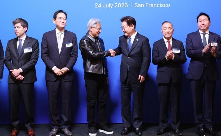 President Lee Jae-myung shakes hands with Nvidia CEO Jensen Huang as Korean and global tech executives line up at the San Francisco AI summit.