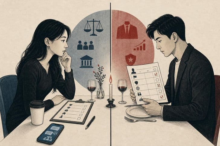 An illustration shows a woman and a man seated across a table, each beneath a circle of icons representing scales of justice and career symbols.