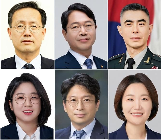 A grid of six official portrait photos shows the ministerial nominees named in President Lee's cabinet reshuffle.